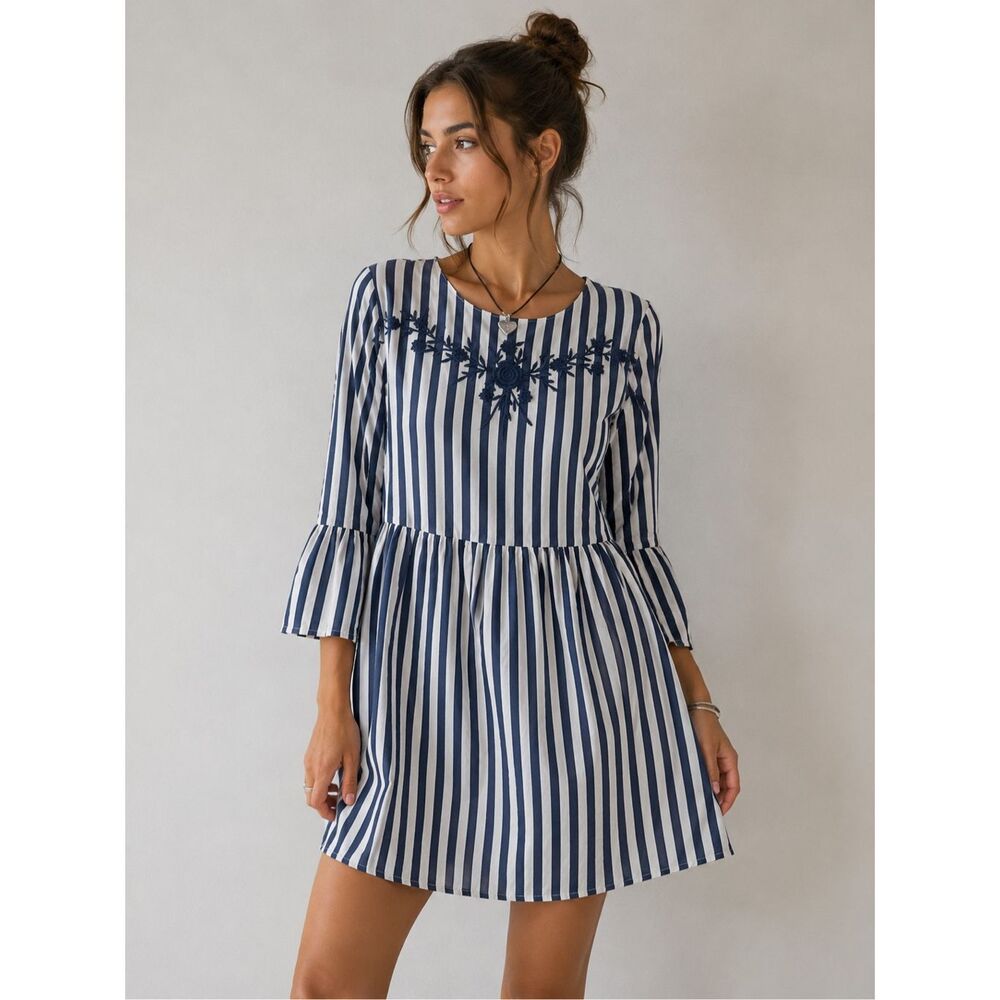 Striped Navy & White Embroidered Swing Dress